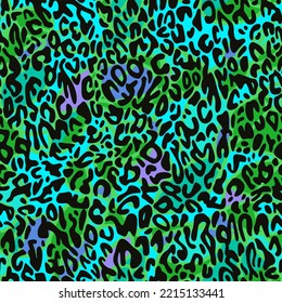 Abstract geometric seamless pattern made of stylized stained glass ornament on animal leopard skin background. Multicolor mosaic texture. Surreal drawing with wavy shapes. Modern design. For fabric.