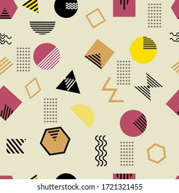 abstract geometric Seamless pattern in memphis style with various colorful shapes, triangles, circles, rhombuses, squares, lines. Elements for design. 