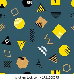 abstract geometric Seamless pattern in memphis style with various colorful shapes, triangles, circles, rhombuses, squares, lines. Elements for design. 