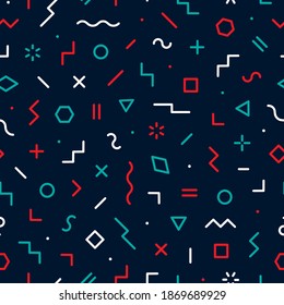 Abstract geometric seamless pattern. Memphis background. Pattern for every day design. Modern hipster elements. Graphic shapes circle, line, square and triangle. Fashion element abstract shape. Vector