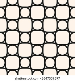 Abstrato padrão geométrico sem emenda com malha, grade, rede, reticulado, linhas curvas finas, círculos, quadrados. Modelo simples de textura monocromática. Fundo linear preto e branco. Projeto vetorial repetido