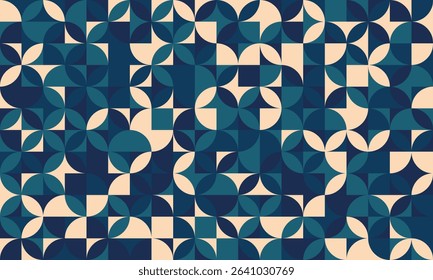 Abstract geometric seamless pattern.  Midcentury modern design with teal and beige hues. Ideal for textile prints, website backgrounds, and stylish branding.