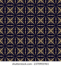 Resumen del patrón geométrico sin costuras. Moderno ornamento negro y dorado con líneas, diamantes, estrellas, rejilla, entramado, red, baldosas repetidas. Sencilla textura de geo dorado. Elegante y lujoso entorno. Diseño sin fin