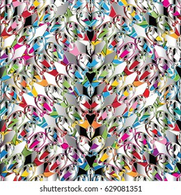 Abstract geometric seamless pattern. Modern colorful vector background wallpaper with 3d geometric tribal shapes, figures, rhombus, triangles, love hearts and elegance  ornaments in aztec style.