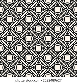 Abstract geometric seamless pattern. Monochrome vector ornament texture with curved shapes, rounded crosses, lattice. Black and white background in gothic style with medieval motifs. Repeated design