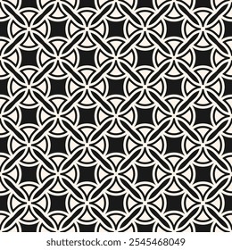 Abstraktes geometrisches nahtloses Muster. Monochrome Vektor-Ornament-Textur mit gekrümmten Formen, abgerundeten Kreuzen, Raster. Schwarz-weißer Hintergrund im gotischen Stil mit mittelalterlichen Motiven. Wiederholter Entwurf