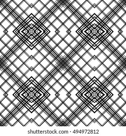 Abstract geometric seamless pattern.  Monochrome  background with rhombs and lines.  Black and white fantasy geometric tile. Vector illustration.
