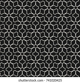 Abstract geometric seamless pattern. Monochrome ornamental texture, thin lines, subtle lattice, mesh, grid, floral motif. Oriental style background. Luxury black and white ornament. - Stock vector