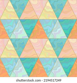 Abstract geometric seamless pattern. Mosaic of orange, mint green, yellow, pink triangles with liquid fluid texture