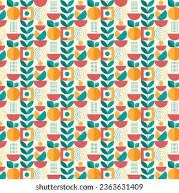 Abstract geometric seamless pattern. Mosaic design with the simple shape of circles, squares, dot patterns, and line art in colorful color on a white background. Neo geometric. Vector Illustration.