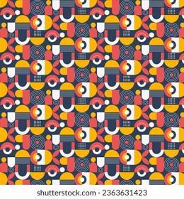 Abstraktes geometrisches nahtloses Muster. Mosaik-Design mit einfacher Form von Kreisen, Punktmustern und Linien-Kunst in Rot, Gelb und Weiß auf dunkelblauem Hintergrund. Neo geometrisch. Vektorgrafik.