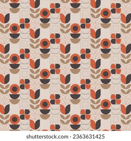 Abstract geometric seamless pattern. Mosaic design with the simple shape of circles, squares, dot patterns, and line art in earth-tone colors on a beige background. Neo geometric. Vector Illustration.