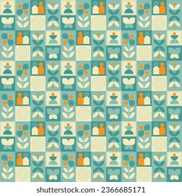 Abstract geometric seamless pattern. Mosaic design with the simple shape of flowers and leaves in green beige and orange on square block backgrounds. Neo geometric. Vector Illustration.