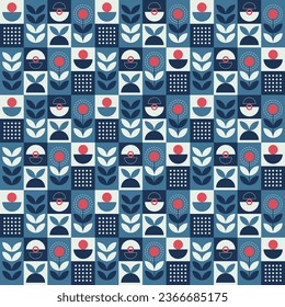 Abstract geometric seamless pattern. Mosaic design with the simple shape of flowers and leaves in dark blue and red on a square blocks backgrounds. Neo geometric. Vector Illustration.