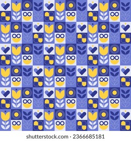 Abstract geometric seamless pattern. Mosaic design with the simple shape of flowers and leaves in violet and yellow on a square blocks backgrounds. Neo geometric. Vector Illustration.