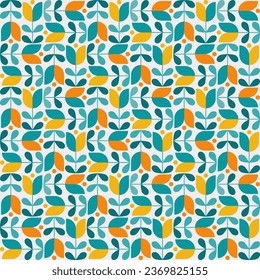 Abstract geometric seamless pattern. Mosaic design with the simple shape of flowers in yellow orange and green on white backgrounds. Neo geometric. Vector Illustration.