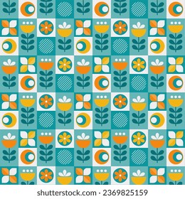 Abstract geometric seamless pattern. Mosaic design with the simple shape of flowers in yellow orange and green on on square block backgrounds. Neo geometric. Vector Illustration.