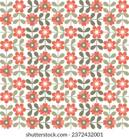 Abstract geometric seamless pattern. Mosaic design with the simple shape of flowers in green and orange on white backgrounds. Neo geometric. Vector Illustration.