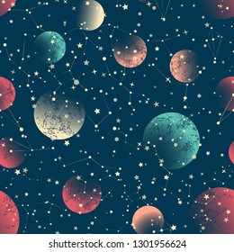 Abstract geometric seamless pattern. Multi-colored curly arrows are randomly scattered on the background. Space, stars, constellations, astrology.