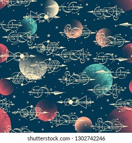 Abstract geometric seamless pattern. Multi-colored curly arrows are randomly scattered on the background. Space, stars, constellations, astrology.