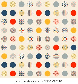 Abstract geometric seamless pattern. Multi-colored circles are randomly scattered