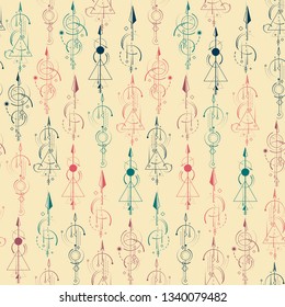 Abstract geometric seamless pattern. Multi-colored curly arrows are randomly scattered on the background.