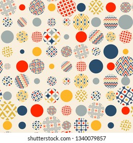 Abstract geometric seamless pattern. Multi-colored circles are randomly scattered