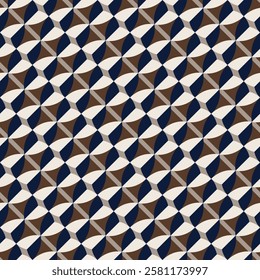 Abstract geometric seamless pattern with navy, brown, and cream tones. Ideal for textile fabrics, wallpapers, and digital backgrounds. Modern, retro-inspired, and versatile design.