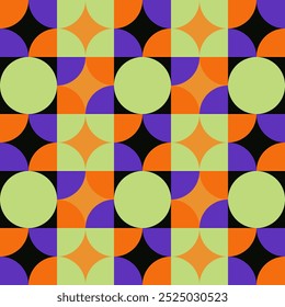 Abstract geometric seamless pattern in orange, purple, green and black color. Idea for Halloween theme. Tile pattern. Use for background , wallpaper, card, cover or decoration, paper, textile and etc