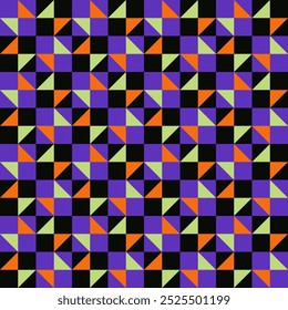 Abstrato padrão geométrico sem emenda nas cores laranja, roxo, verde e preto. Ideia para o tema de Halloween. Padrão de peças. Uso para fundo, papel de parede, cartão, capa ou decoração, papel, têxteis e etc