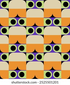 Abstract geometric seamless pattern in orange, purple, green and black color. Idea for Halloween theme. Tile pattern. Use for background , wallpaper, card, cover or decoration, paper, textile and etc