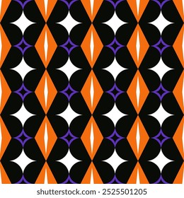 Abstract geometric seamless pattern in orange, purple and black color. Idea for Halloween theme. Tile pattern. Use for background , wallpaper, card, cover or decoration, paper, textile and etc