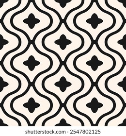 Abstractas patrón geométrico sin fisuras en estilo oriental. Elegante fondo de Vector con líneas onduladas, siluetas de flores, celosía, azulejos. Textura floral blanca y negra simple del ornamento. Diseño repetido