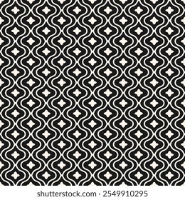 Abstrato padrão contínuo geométrico em estilo oriental. Vetor simples de fundo com linhas onduladas, silhuetas de flores pequenas, treliça, azulejos. Textura de ornamento floral preto e branco. Projeto geográfico repetido
