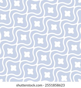 Abstractas patrón geométrico sin fisuras en estilo oriental. Fondo de Vector simple con líneas onduladas diagonales, siluetas de flores Pequeñas. Textura de adorno floral azul y blanco sutil. Diseño geo repetido