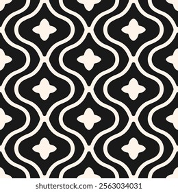 Abstract geometric seamless pattern in oriental style. Elegant vector background with wavy lines, flower silhouettes, tiles. Simple black and white floral ornament texture. Repeated dark geo design