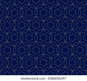 Abstract geometric seamless pattern in oriental style. Vector ornamental lines texture, elegant floral lattice, grid. Golden minimal luxury background. Stylish dark blue and gold repeated geo design