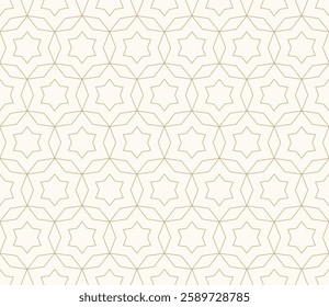 Abstract geometric seamless pattern in oriental style. Vector ornamental lines texture, floral lattice, stars, grid. Golden minimal luxury background. Elegant gold and white ornament, repeat design