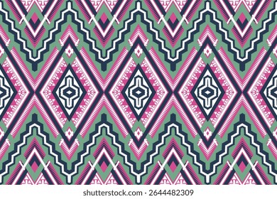 Abstract Geometric Seamless Pattern Ornamento Pink Green Diamonds Zigzags Tradicional Etnia Motivo Design para fundo, tapete, papel de parede, envoltório, pano, tecido, têxtil, decorativo, bordado