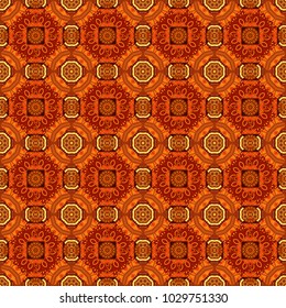 Abstract geometric seamless pattern painted in red, orange and brown colors. For furniture, fabric, textile. Vector geometric ornament texture with linear stars, angular geometric figures.