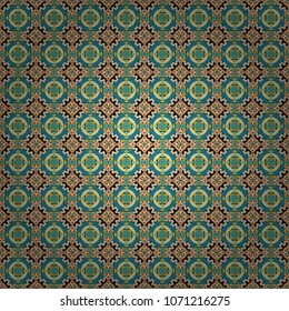 Abstract geometric seamless pattern painted in yellow, beige and blue colors. For furniture, fabric, textile. Vector geometric ornament texture with linear stars, angular geometric figures.