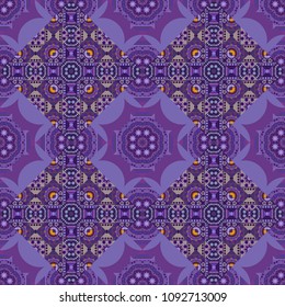Abstract geometric seamless pattern painted in violet, purple and gray colors. For furniture, fabric, textile. Vector geometric ornament texture with linear stars, angular geometric figures.