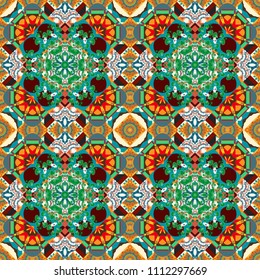 Abstract geometric seamless pattern painted in blue, green and orange colors. For furniture, fabric, textile. Vector geometric ornament texture with linear stars, angular geometric figures.