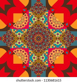 Abstract geometric seamless pattern painted in pink, orange and brown colors. For furniture, fabric, textile. Vector geometric ornament texture with linear stars, angular geometric figures.