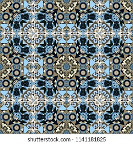 Abstract geometric seamless pattern painted in black, blue and beige colors. For furniture, fabric, textile. Vector geometric ornament texture with linear stars, angular geometric figures.