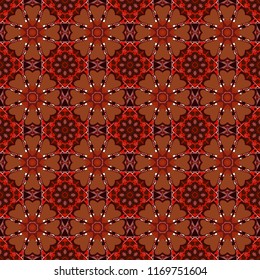 Abstract geometric seamless pattern painted in pink, brown and red colors. For furniture, fabric, textile. Vector geometric ornament texture with linear stars, angular geometric figures.