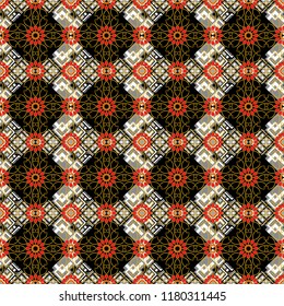 Abstract geometric seamless pattern painted in orange, black and gray colors. For furniture, fabric, textile. Vector geometric ornament texture with linear stars, angular geometric figures.