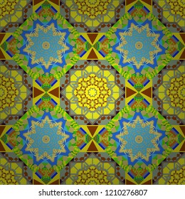 Abstract geometric seamless pattern painted in green, blue and yellow colors. For furniture, fabric, textile. Vector geometric ornament texture with linear stars, angular geometric figures.