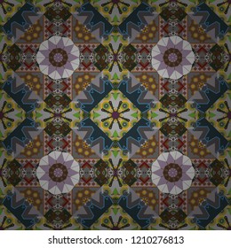 Abstract geometric seamless pattern painted in brown, green and gray colors. For furniture, fabric, textile. Vector geometric ornament texture with linear stars, angular geometric figures.