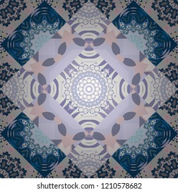 Abstract geometric seamless pattern painted in blue, violet and gray colors. For furniture, fabric, textile. Vector geometric ornament texture with linear stars, angular geometric figures.